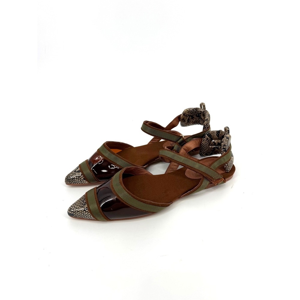 Jeffrey Campbell Olive Green & Brown Pointed Toe Flats with Snakeprint Accents - Picture 6 of 9
